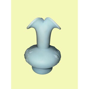 Vintage Blue Satin Glass Vase With Ruffled Edge & Embossed Floral Design