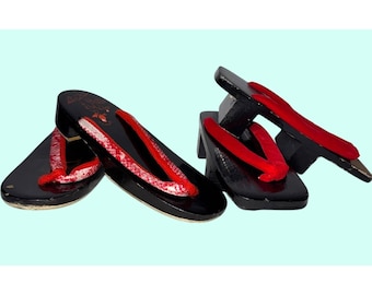 Japanese Traditional Geta Sandals Black Red Velvet Floral Design