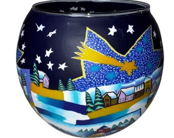 Portavelas de cristal pintado a mano con diseño de cielo nocturno de pueblo (Alemania)