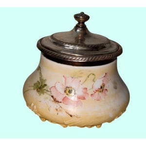 Antique Hand Painted Floral Porcelain Biscuit Jar Metal Lid