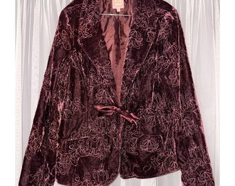 Vintage Old Navy Womens Velvet Embroidered Blazer Jacket With Satin Tie Belt Burgundy Size XXL