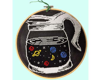 Outer Space Coffee Cross-Stitch Hoop Art Handmade Decor