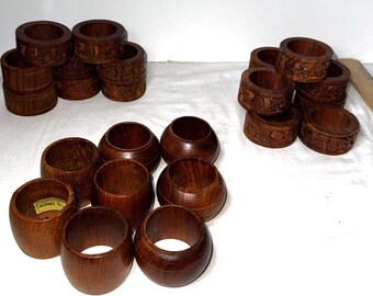 Burma Teak Handcrafted Round Carved Napkin Rings 20 tiki Vintage