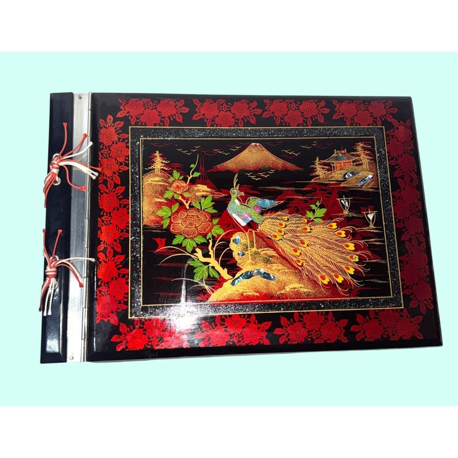 Japanese Musical Black & Red Lacquer Photo Album Peacock Mother of
