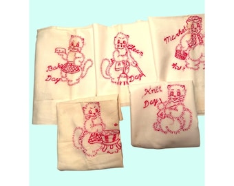 33x34" Vintage Redwork Embroidered Tea Towels Kitten Days White Cotton