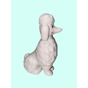 Vintage weiße Keramik Pudel Figur mit roten Fliege Akzent
