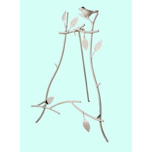 May include: A decorative off-white metal easel shaped like tree branches with leaves. A small bird perches on the top branch. The easel is designed to hold a picture or small artwork.