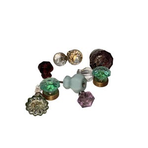Vintage glazen knoppen trekt set 10 decoratieve hardware voor kasten lades blauw groen glas helder gefacetteerd melk