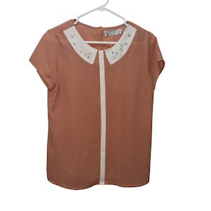 Blusa feminina retrô vintage com strass e gola de contas, manga curta, tamanho P, pêssego/rosa, branco, poliéster