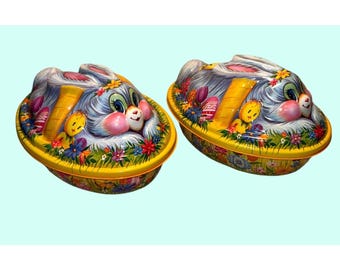 Easter Bunny blow mold Lidded Bowls Oval Set Colorful Spring Gift Decor