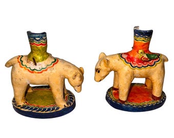 Antique Terracotta Mexican Folk Art candle holders rare Polar Bear bright hand painted