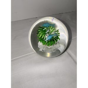 Handcrafted Glass Paperweight With Blue Fish & Green Coral Design