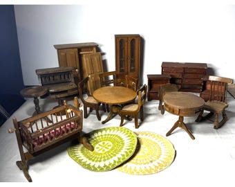 Vintage Wooden Dollhouse Furniture Lot Tables Chairs Baby Cradle Rugs