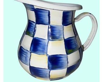 MacKenzie-Childs Toleware Handbemalte Karierte Kanne Blau Weiß Gelb
