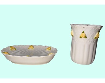 Jakson Japan Yellow Eyelet Rose Soap Dish & Tumbler Set Ceramic Floral Design
