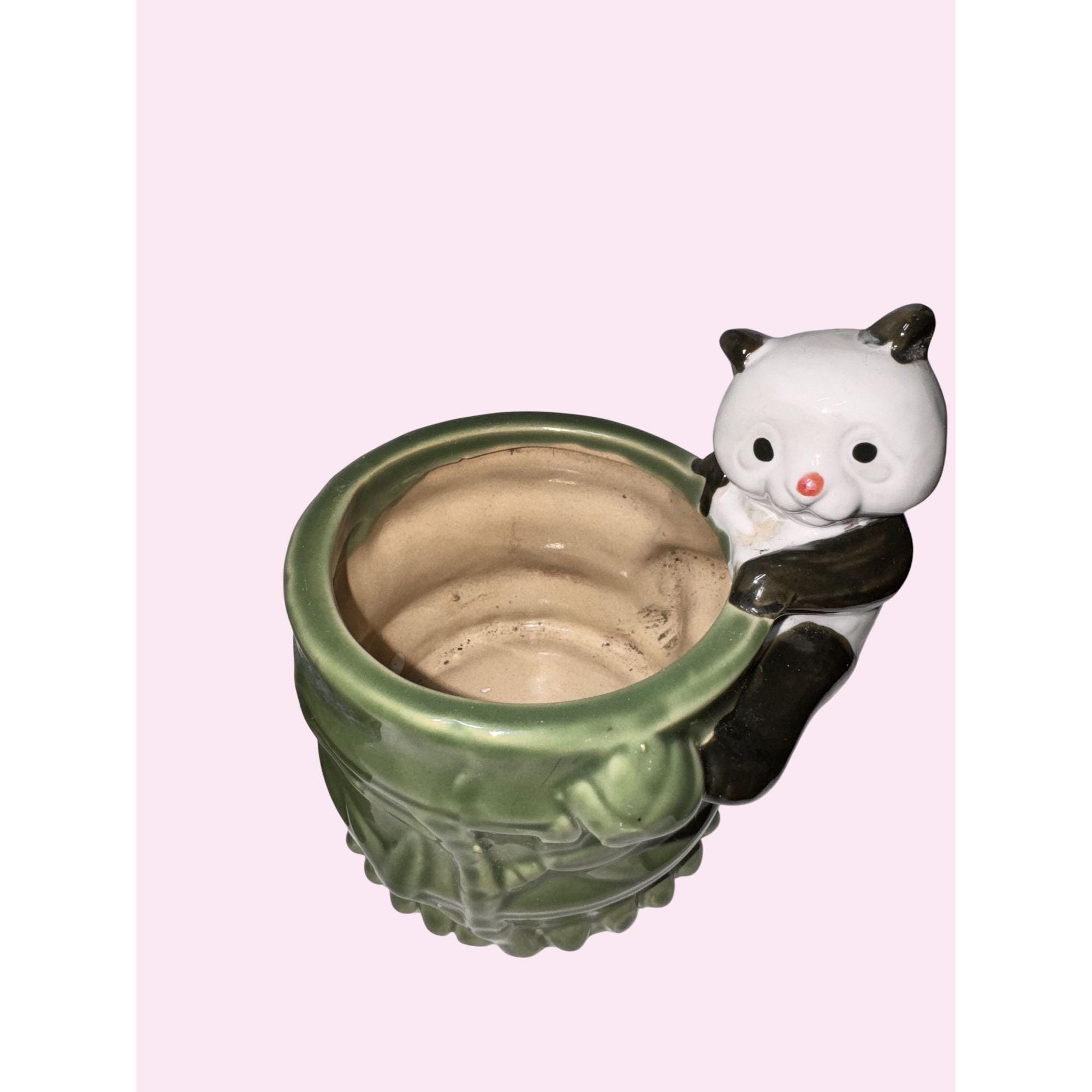 Vintage Green Ceramic Panda Planters Set of 2 With Bamboo Design ...