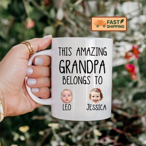 This Amazing Grandpa Belongs To Mug, Custom Photo Gift with Kids’ Names and Faces, Personalized Grandfather Coffee Cup from Grandkids