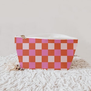 Checkered Makeup Bag: Pink & Red Tile Print, Coquette Travel Organizer
