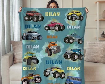 Manta personalizada de Monster Truck, manta con nombre personalizado para niños, decoración para la habitación infantil, regalo para bebés, regalo de cumpleaños
