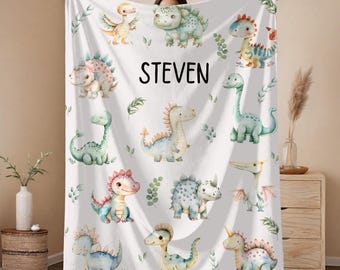 Gepersonaliseerde dinosaurus babydeken voor pasgeboren jongen cadeau idee aangepaste naam gezellige dino deken voor babyshower kwekerij decor eerste jaar dagopvang