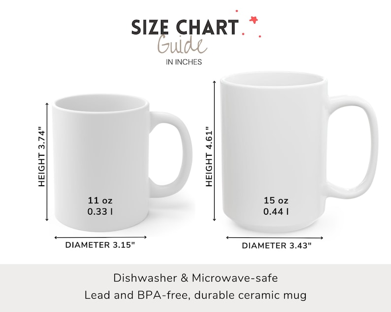 K&ouml;nnte beinhalten: Zwei wei&szlig;e Keramikbecher in verschiedenen Gr&ouml;&szlig;en werden mit Ma&szlig;en dargestellt. Der kleinere Becher ist 9,5 cm hoch und hat einen Durchmesser von 8 cm und fasst 325 ml. Der gr&ouml;&szlig;ere Becher ist 11,7 cm hoch und hat einen Durchmesser von 8,7 cm und fasst 444 ml. Text: "SIZE CHART Guide IN INCHES".