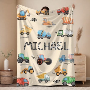 Couverture de construction personnalisée pour enfants - Couverture avec prénom personnalisé, couverture de camion, jeté en velouté ou en sherpa, décoration de chambre de garçons