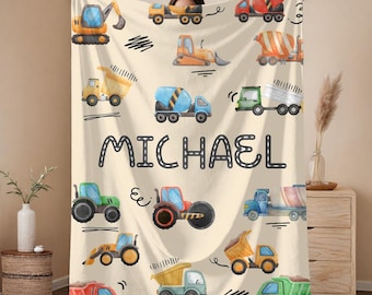 Manta de construcción personalizada para niños: manta con nombre personalizado, manta de camión, manta de terciopelo o sherpa, decoración para dormitorio infantil.