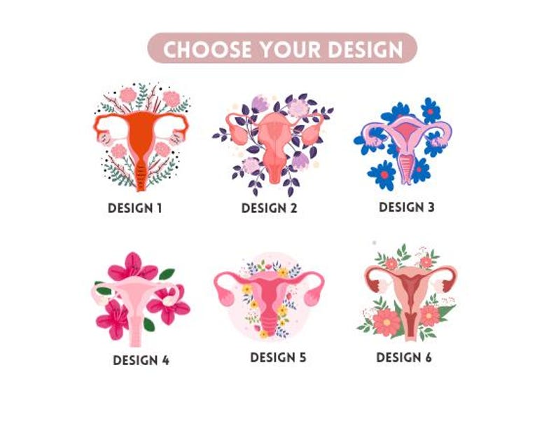 K&ouml;nnte beinhalten: Grafik mit sechs Designs des weiblichen Fortpflanzungssystems, jeweils mit floralen Elementen verziert. Die Designs sind mit 1 bis 6 beschriftet, mit dem Text "CHOOSE YOUR DESIGN" oben.