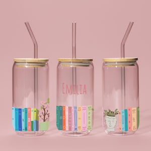 Personalized Floral Books Sipper Glass, Favorite Bookshelf Ice Coffee Tumblr, Bookworm Gift for Reader, Gift for Book
