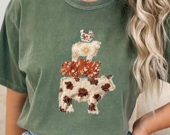 Camiseta de imitación de patchwork con diseño de animales de granja, idea de regalo para mujeres, linda camiseta de gallina, vaca, cerdo y oveja, atuendo campestre estético, camiseta de vida en la granja