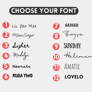 May include: A graphic with the text "CHOOSE YOUR FONT" at the top. Below are 12 font options, each with a number in a red circle. The fonts vary in style, from handwritten to bold sans-serif.