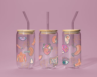 Vaso de cristal con diseño de anatomía: diseño artístico de órganos. Regalo para estudiantes de medicina, reconocimiento médico, arte corporal único.