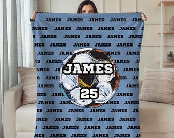 Personalized Soccer Blanket – Custom Sherpa or Fleece Throw, Soccer Gift for Boys, Teen Players, Birthday Gift for Soccer Lovers