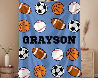 Personalized Sports Blanket for Kids, Custom Name Blanket, Basketball, Football, Baseball and Soccer Throw, Velveteen or Sherpa
