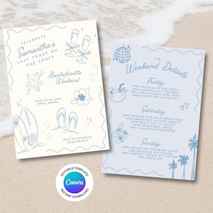Last Toast on the Coast Bachelorette Invitation & Itinerary Template, Editable Canva Download, Tropical Coastal Bach Weekend, Party Invite