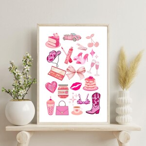 Pôster digital Pink Girl com colagem de imagens de papelão, pôster divertido e moderno para cozinha e bar com botas e chapéu de cowboy, bolo e maquiagem