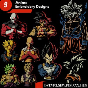 Può includere: Nove disegni di ricamo anime con vari personaggi con espressioni dettagliate e pose dinamiche. I disegni includono personaggi con capelli a punta, corporature muscolose e combinazioni di colori vivaci, su sfondo nero. Il testo "Anime Embroidery Designs" è in alto.