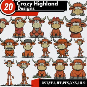 May include: A collection of 20 cartoon Highland cow designs in various poses and expressions. The cows are primarily orange with black horns and hooves. The image includes the text "Crazy Highland Designs" and file type information.