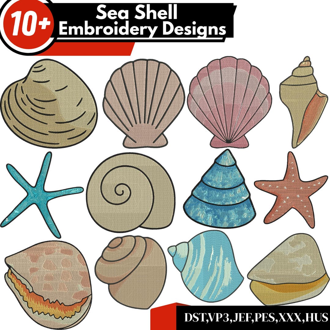 Seashell Embroidery Design, Triple Seashell Embroidery, Sea Embroidery ...