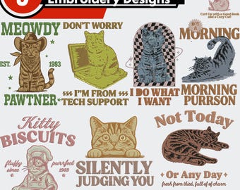 Disegno di ricamo divertente con gatto sarcastico, ricamo con gatto, ricamo con gatto scontroso, ricamo con animali, disegno di ricamo a macchina