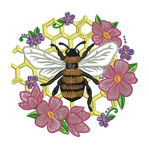 Floral Bee Embroidery Design: Queen Bee, Beehive (Digital Download)