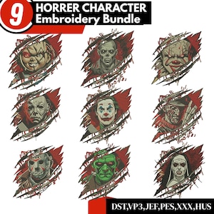 Może przedstawiać: Kolekcja dziewięciu wzorów haftu postaci z horrorów. Każdy wzór przedstawia inną postać, w tym Chucky'ego, zombie, klauna, Michaela Myersa, Jokera, Freddy'ego Kruegera, Jasona Voorheesa, potwora Frankensteina i zakonnicę. Wzory są umieszczone na podartym, czerwonym tle.