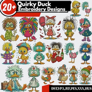 Könnte beinhalten: Eine Sammlung von über zwanzig skurrilen Entwürfen für Entenstickereien. Die Enten sind in verschiedenen Outfits und Posen dargestellt, darunter ein Arzt, ein Bauarbeiter und eine Ente mit einem Glas Wein. Die Designs sind farbenfroh und skurril.