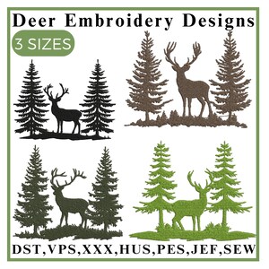 May include: A digital design featuring four deer embroidery patterns. Each design includes a deer silhouette with pine trees. The text "Deer Embroidery Designs" and "3 Sizes" is displayed at the top. The bottom of the image displays embroidery file formats.
