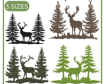 Diseño de bordado de ciervo: paisaje boscoso (descarga digital)