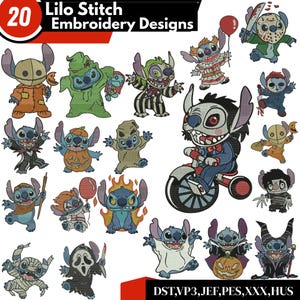 Könnte beinhalten: Eine Sammlung von 20 Lilo-Stitch-Stickmustern, die Stitch in verschiedenen Halloween-Kostümen zeigen. Die Designs zeigen Stitch als Mumie, Vampir und andere Horrorfiguren. Die Designs sind in verschiedenen Farben gehalten.