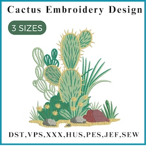 Puede incluir: Un diseño de bordado que presenta una escena de cactus detallada. El diseño incluye varias formas de cactus, follaje verde y algunas rocas. El texto "Cactus Embroidery Design" y "3 SIZES" se muestran en la parte superior. El texto inferior enumera formatos de archivo.