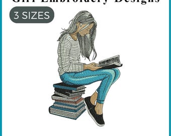 Girl Book reading Machine Embroidery Design, Book Design, book lover embroidery Design, Quotes reading,  books Machine Embroidery Design pes