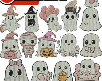Herbst Pink Geist Maschinenstickerei, süßes Gespenst Stickmuster, Mini Geist Kürbis Designs, gruseliger Geist Halloween mit Schleife PES.