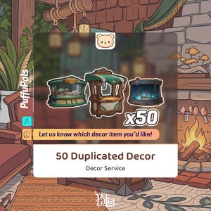 Puede incluir: Imagen que muestra tres elementos decorativos: un terrario verde y marrón, un puesto de madera con toldo verde y un acuario iluminado en azul. El texto dice "50 Duplicated Decor" y "Decor Service."